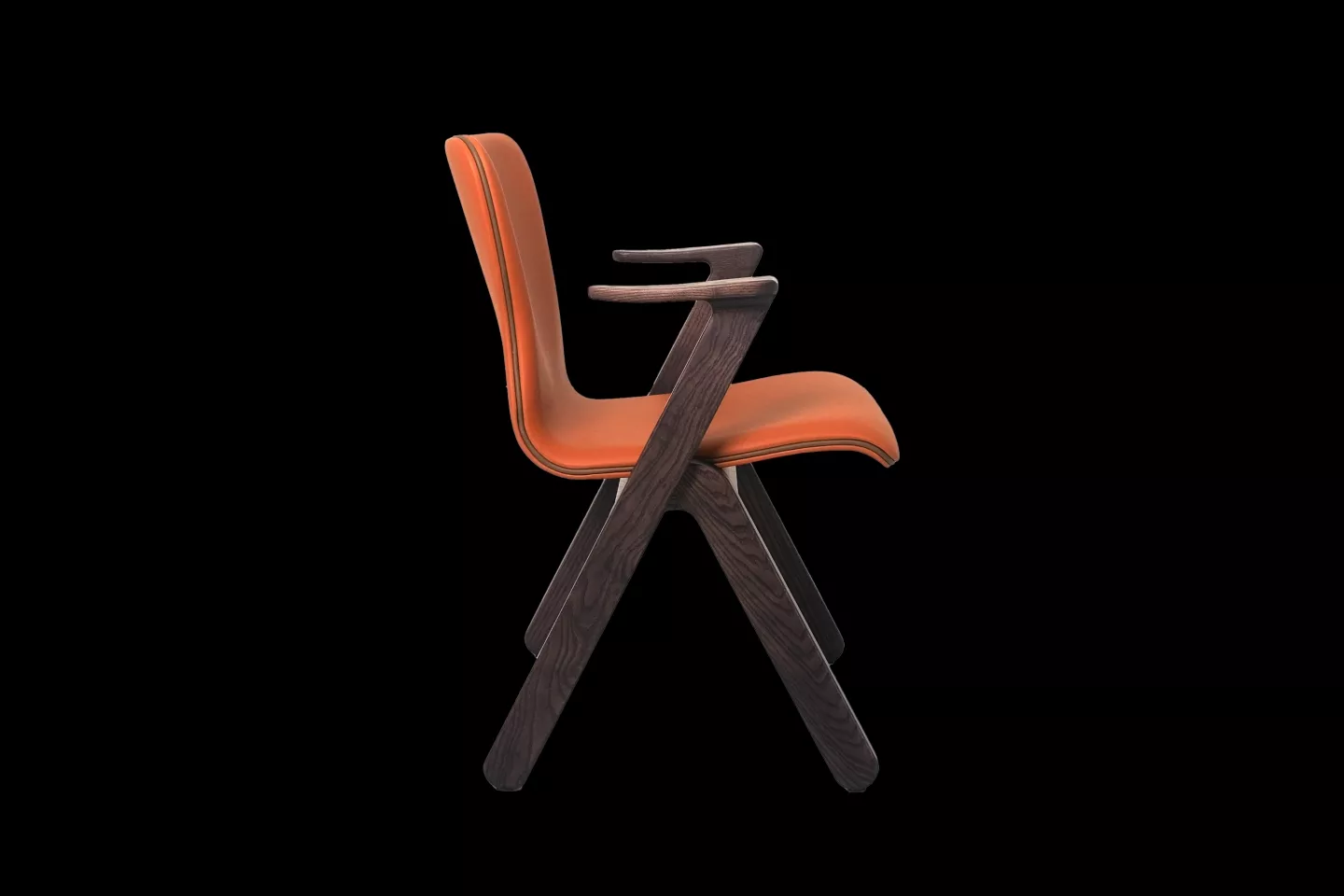 橘色實木設計餐椅側面照