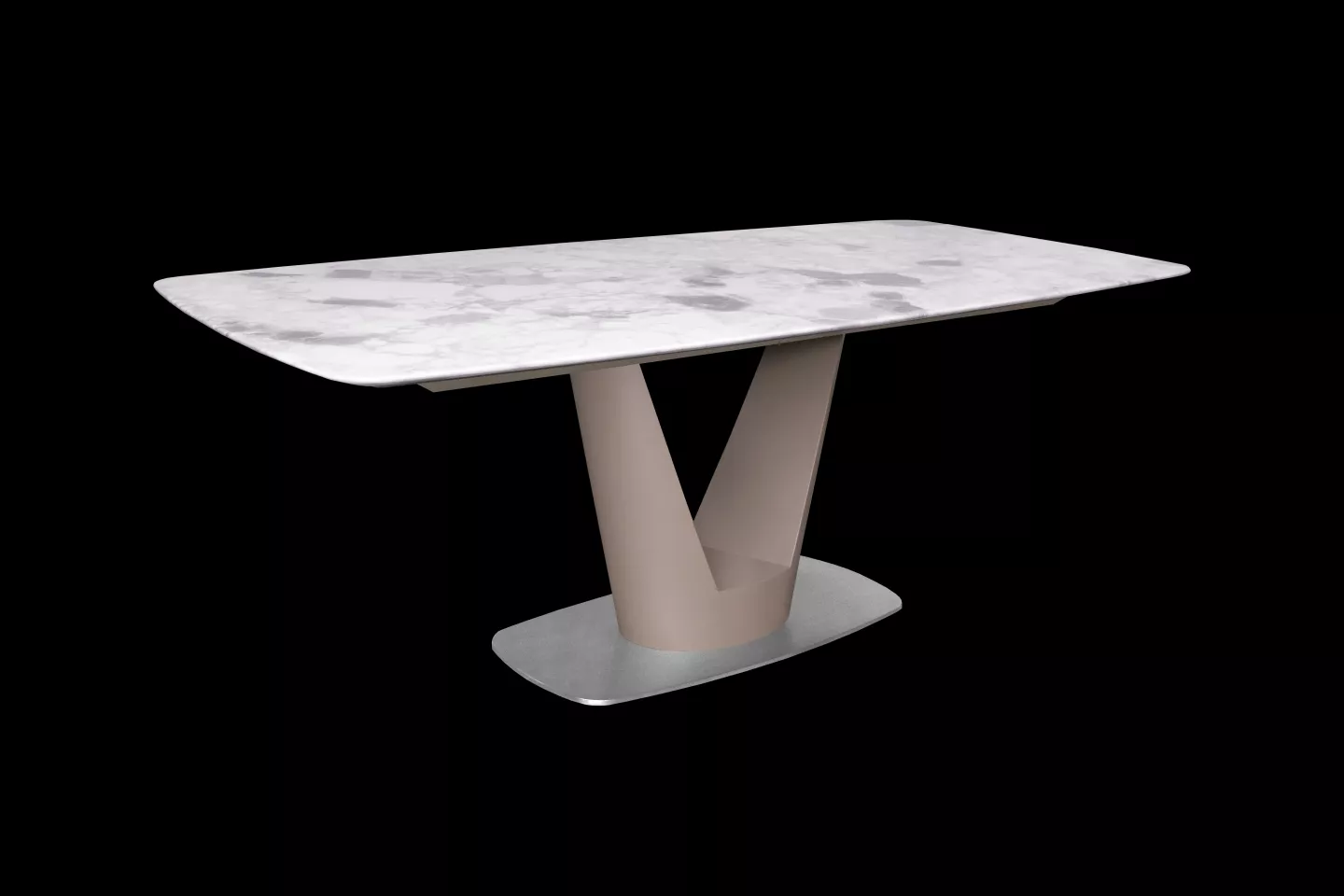 大理石餐桌搭配中柱型V字腳座的實際拍攝照片
