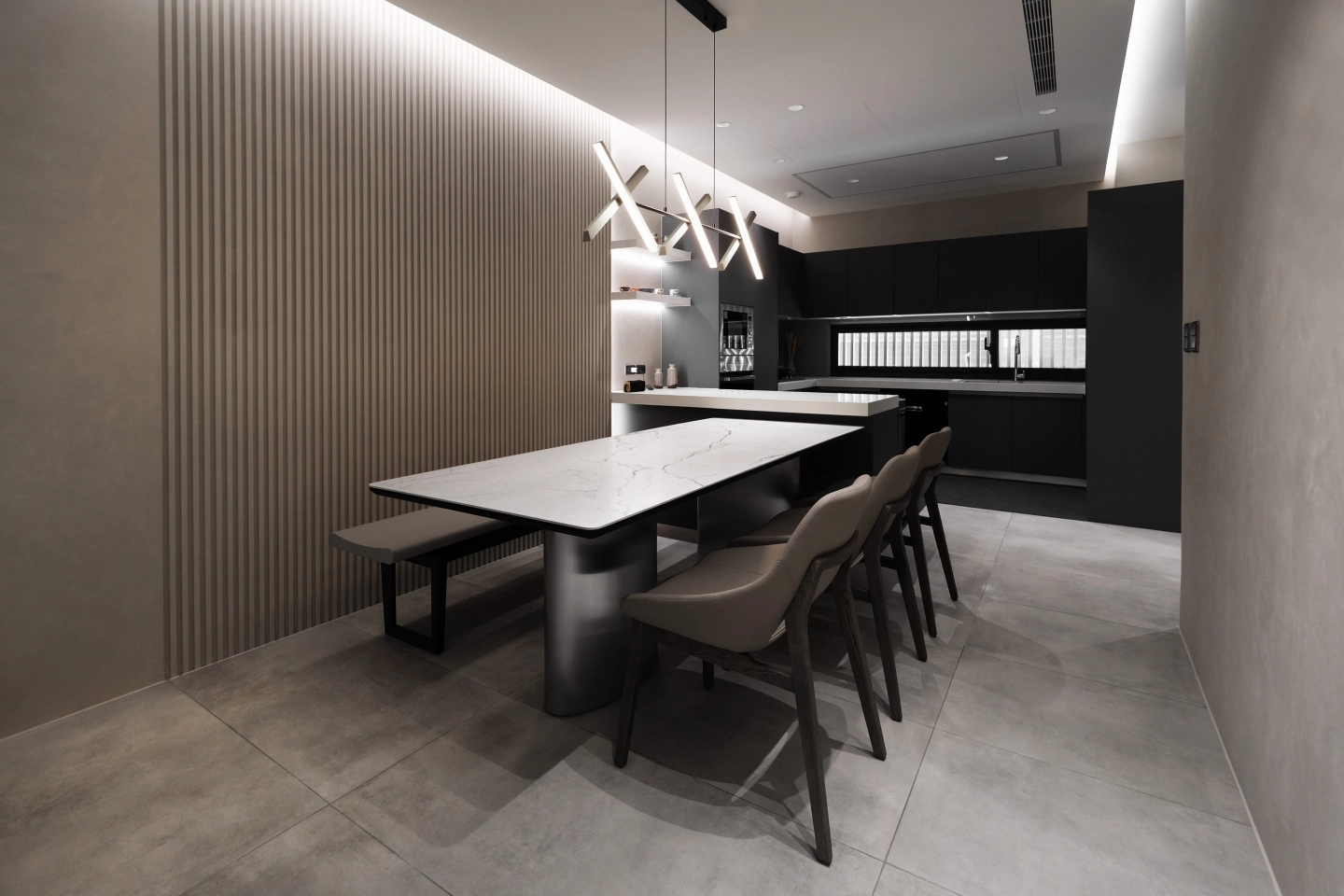 不鏽鋼金屬餐桌腳座搭配白色大理石紋桌面